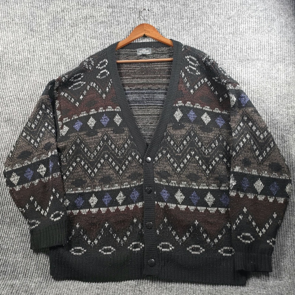 Vtg 90s Sir William 2X Big Man Aztec Geometric Knit Cardigan Sweater Coogi Styl